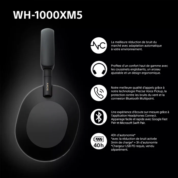 Casque SONY WH-1000XM5 Noir – Image 2