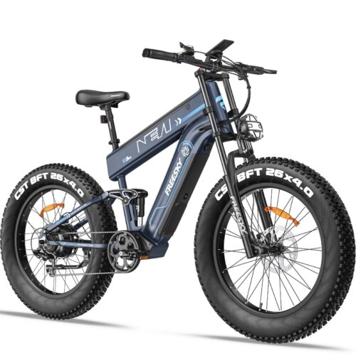 Vélo électrique Freesky M520, double batterie 48 V 18 + 23 Ah, freins à disque hydrauliques, pneus 26 × 4,0, suspension intégrale, écran LCD couleur, bleu, 25km/h